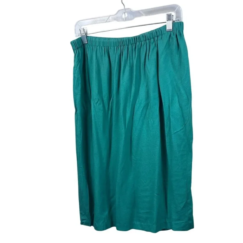 Vintage Emerald Green Elastic Waist Midi Skirt Career Office Modest Everyday